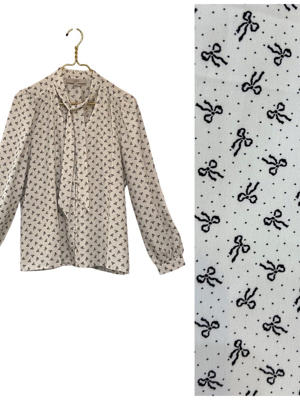 LOFT Bow Print Tie Neck Blouse Long Sleeve Top Medium